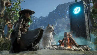 A masked warrior sits beside a white canine companion near a campfire and glowing stone monument in a forested landscape.