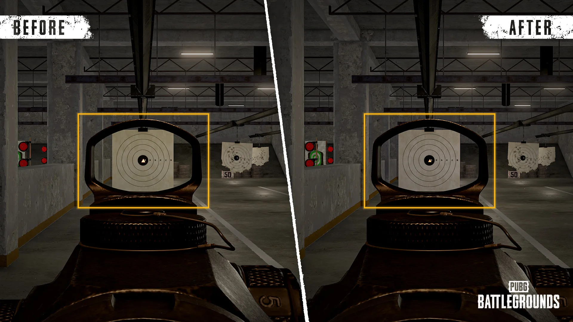 Before and after comparison of the PUBG Hybrid Scope reticle