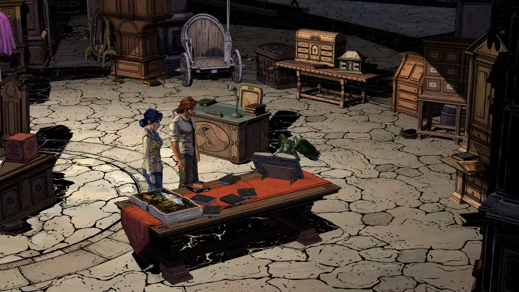 Bigby Wolf and another character inside an office in The Wolf Among Us Remastered