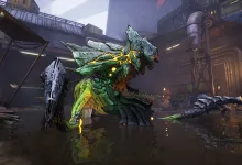 A large armored creature stands in shallow water inside an industrial Borderlands 4 environment.