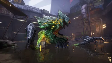 A large armored creature stands in shallow water inside an industrial Borderlands 4 environment.