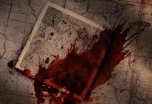 A blood-stained map spread over a larger chart in Hunt: Showdown 1896 teaser artwork