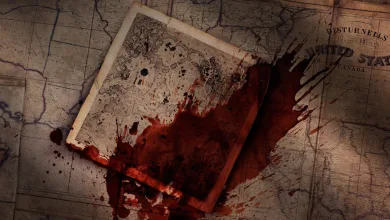 A blood-stained map spread over a larger chart in Hunt: Showdown 1896 teaser artwork