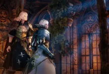 Two armored characters stand inside a gothic castle in Bloodstained: The Scarlet Engagement.