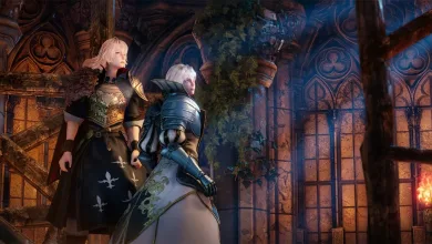 Two armored characters stand inside a gothic castle in Bloodstained: The Scarlet Engagement.