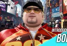 Bob wearing sunglasses and a red outfit in a Tekken 8 city scene