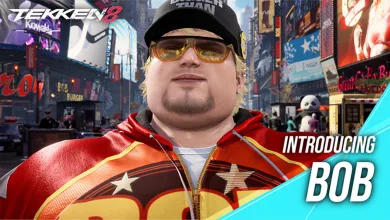 Bob wearing sunglasses and a red outfit in a Tekken 8 city scene