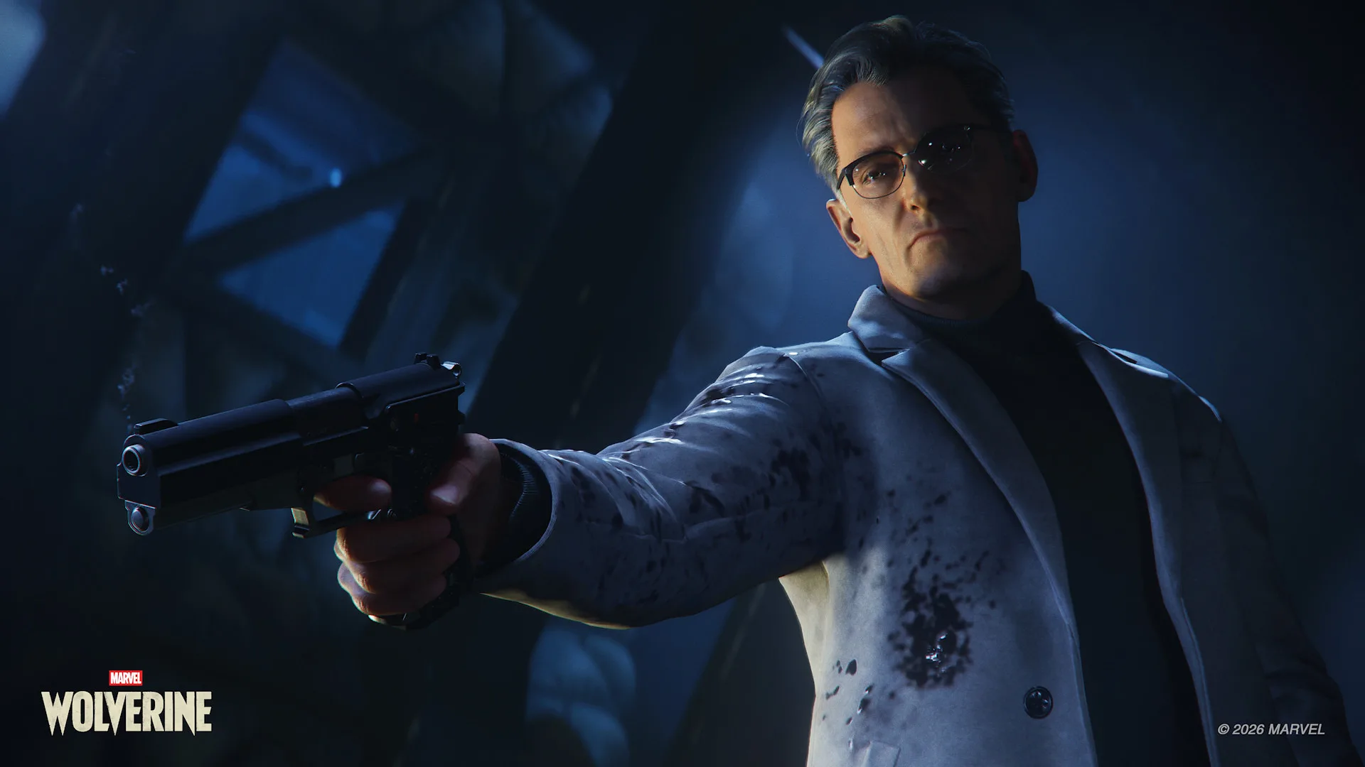 Bolivar Trask holds a pistol inside a dim facility
