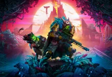 Borderlands 4 artwork showing a masked Vault Hunter and a skag in a glowing jungle landscape