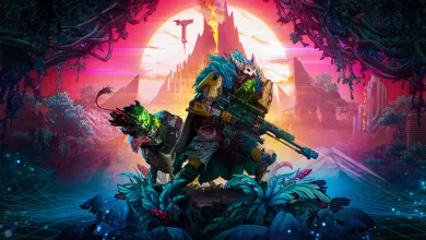 Borderlands 4 artwork showing a masked Vault Hunter and a skag in a glowing jungle landscape