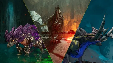 Three Borderlands 4 creatures shown in separate panels of a cave environment