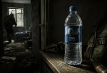 A bottle labeled YMC Water sits on a worn table in a dark, looted dorm room beside tactical gear, with an armed player visible in the background.