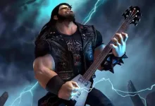 Eddie Riggs from Brutal Legend playing a guitar beneath lightning-filled skies