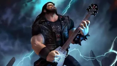 Eddie Riggs from Brutal Legend playing a guitar beneath lightning-filled skies