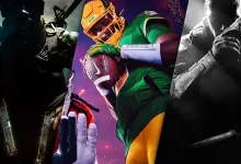 Three-panel video game artwork featuring darkly lit armed characters on the sides and a football player in the center