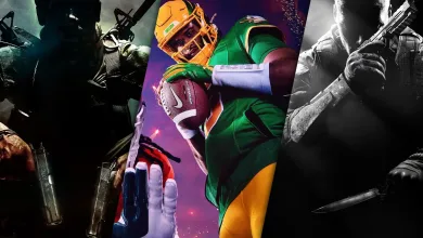 Three-panel video game artwork featuring darkly lit armed characters on the sides and a football player in the center