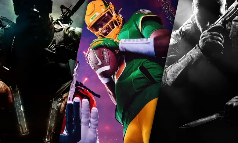Three-panel video game artwork featuring darkly lit armed characters on the sides and a football player in the center