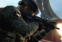 Call of Duty: Black Ops II soldier firing a rifle in a futuristic combat setting