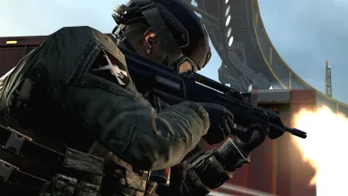 Call of Duty: Black Ops II soldier firing a rifle in a futuristic combat setting