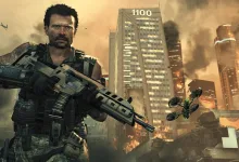 An armed soldier stands before burning city buildings in Call of Duty: Modern Warfare 4 artwork.