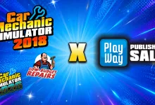 Promotional graphic for the PlayWay Publisher Sale featuring Car Mechanic Simulator 2018, Low-Budget Repairs, and Car Mechanic Simulator 2026