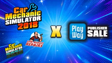 Promotional graphic for the PlayWay Publisher Sale featuring Car Mechanic Simulator 2018, Low-Budget Repairs, and Car Mechanic Simulator 2026