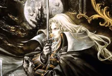 Alucard stands before a moonlit gothic castle in Castlevania: Symphony of the Night