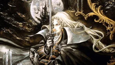 Alucard stands before a moonlit gothic castle in Castlevania: Symphony of the Night