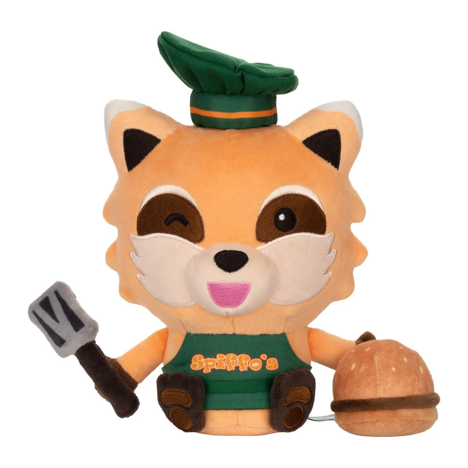 Chef Spiffo plushie holding a spatula and burger