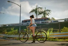 Choko riding a bicycle along a sunny road in Showa American Story