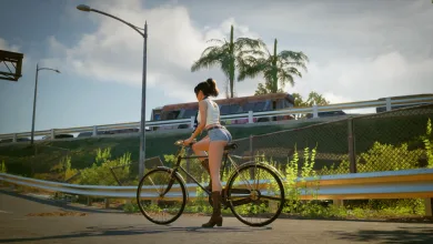 Choko riding a bicycle along a sunny road in Showa American Story