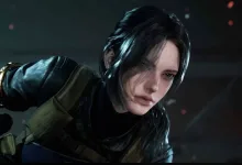 A dark-haired woman in tactical gear crouches in a dark, smoky environment in Cinder City.