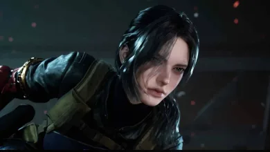 A dark-haired woman in tactical gear crouches in a dark, smoky environment in Cinder City.