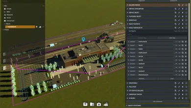 Cities: Skylines II Asset Editor showing a selected building with component panels and editing controls.