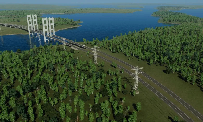 Cities: Skylines II landscape with a forested road, power lines, and a suspension bridge beside a lake