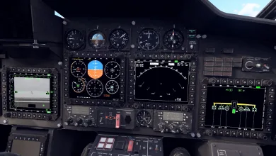 Cockpit instrument panel showing multifunction displays, radar symbology, and flight gauges