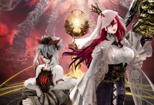 Two Code Vein II characters stand beneath a glowing portal in a fractured fantasy world from the Mask of Idris DLC.