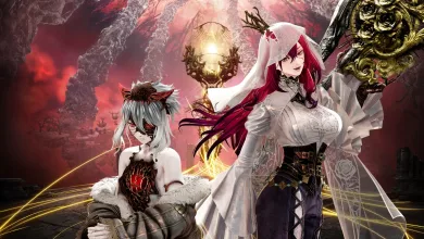 Two Code Vein II characters stand beneath a glowing portal in a fractured fantasy world from the Mask of Idris DLC.