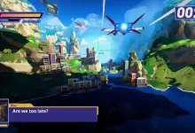 A colorful action game scene shows a flying enemy above a coastal city, with a character dialogue box and game HUD visible.