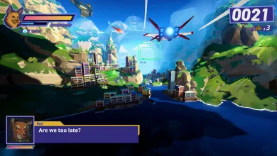 A colorful action game scene shows a flying enemy above a coastal city, with a character dialogue box and game HUD visible.
