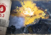 Company of Heroes 3 Hot Fix 2.5.3 artwork showing a battlefield explosion beside a damaged structure.