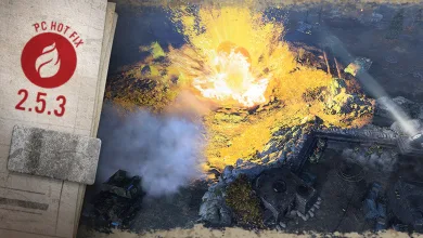 Company of Heroes 3 Hot Fix 2.5.3 artwork showing a battlefield explosion beside a damaged structure.