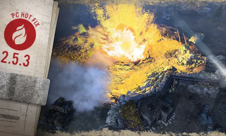 Company of Heroes 3 Hot Fix 2.5.3 artwork showing a battlefield explosion beside a damaged structure.
