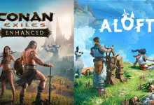 Split promotional artwork showing Conan Exiles Enhanced characters and a rugged fantasy landscape on the left, and Aloft characters exploring a bright floating island on the right