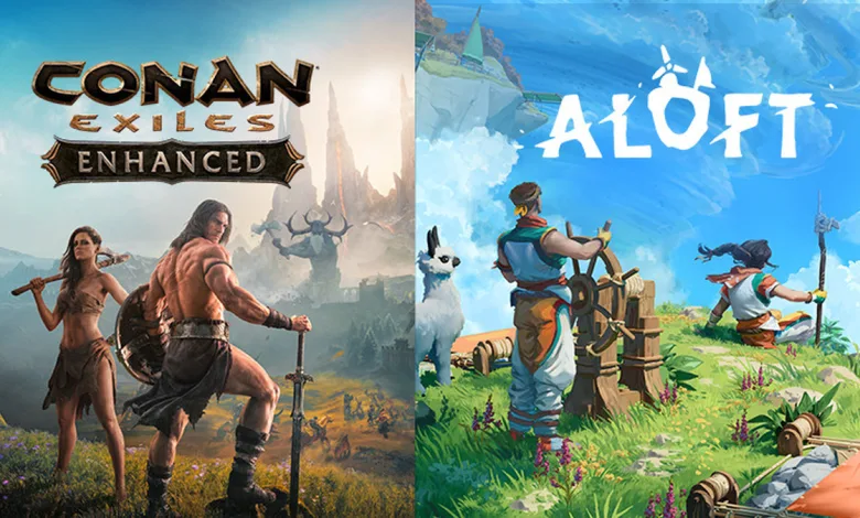 Split promotional artwork showing Conan Exiles Enhanced characters and a rugged fantasy landscape on the left, and Aloft characters exploring a bright floating island on the right