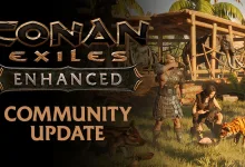 Conan Exiles Enhanced community update artwork showing adventurers, a shelter, and a tiger in the Exiled Lands