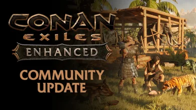 Conan Exiles Enhanced community update artwork showing adventurers, a shelter, and a tiger in the Exiled Lands