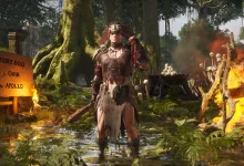 A Conan Exiles character stands in a forest camp beside a Desert Dogs sign and a burning fire.