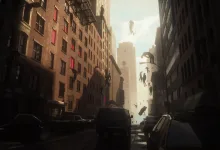 A city street in Control Resonant with figures floating above the road