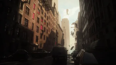 A city street in Control Resonant with figures floating above the road